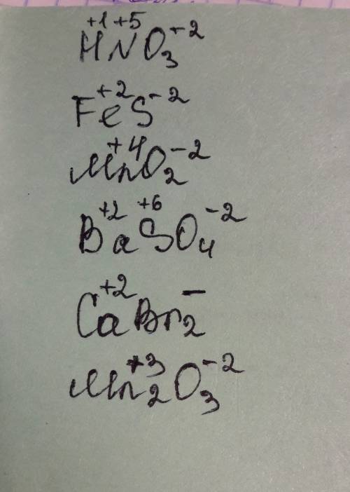 Определите степень окисления элементов для веществ формулы которых: hno3, fes, mno2. baso4, cabr2, m