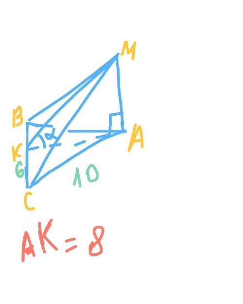 Врівнобедреному трикутнику авс ав=ас=10 см, вс=12 см. ам - перепендикуляр до площини трикутника. пло