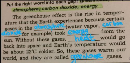 Put the right word into each gap : greenhouse,heat ,atmosphere,carbon dioxide , energy