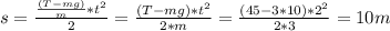 s=\frac{ \frac{(T-mg)}{m}*t^{2} }{2} =\frac{ (T-mg)*t^{2}}{2*m}=\frac{ (45-3*10)*2^{2}}{2*3}=10 m