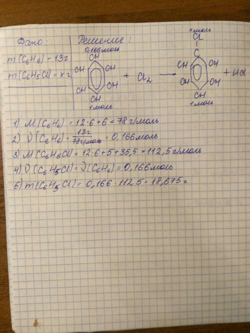 При взаимодействии 13 г бензола (с6н6) с хлором получен хлорбензол (с6н5cl). какая масса хлорбензола