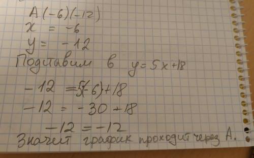 Проходит ли график функции y=5x+18 через точку a(-6) (-12)
