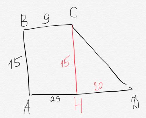 Основания прямоугольной трапеции равны 9 дм и 29 дм. меньшая боковая сторона равна 15 дм. вычисли бо