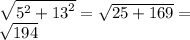 \sqrt{ {5}^{2} + {13}^{2} } = \sqrt{25 + 169} = \\ \sqrt{194}