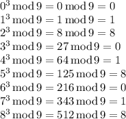0^3\,\mathrm{mod}\,9 = 0 \,\mathrm{mod}\,9 = 0\\1^3 \,\mathrm{mod}\,9 = 1 \,\mathrm{mod}\,9 = 1\\2^3 \,\mathrm{mod}\,9 = 8 \,\mathrm{mod}\,9 = 8\\3^3 \,\mathrm{mod}\,9 = 27 \,\mathrm{mod}\,9 = 0\\4^3 \,\mathrm{mod}\,9 = 64 \,\mathrm{mod}\,9 = 1\\5^3 \,\mathrm{mod}\,9 = 125 \,\mathrm{mod}\,9 = 8\\6^3 \,\mathrm{mod}\,9 = 216 \,\mathrm{mod}\,9 = 0\\7^3 \,\mathrm{mod}\,9 = 343 \,\mathrm{mod}\,9 = 1\\8^3 \,\mathrm{mod}\,9 = 512 \,\mathrm{mod}\,9 = 8