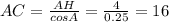 AC=\frac{AH}{cosA}=\frac{4}{0.25}=16