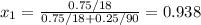 x_{1} = \frac{0.75/18}{0.75/18+0.25/90} = 0.938