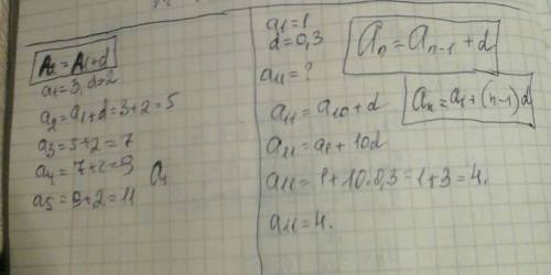 1)укажите 5первых членов арифметической прогрессии,первый член которой a1=3, а разносить d=2 2)в ари