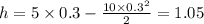 h = 5 \times 0.3 - \frac{10 \times 0.3 ^{2} }{2} = 1.05