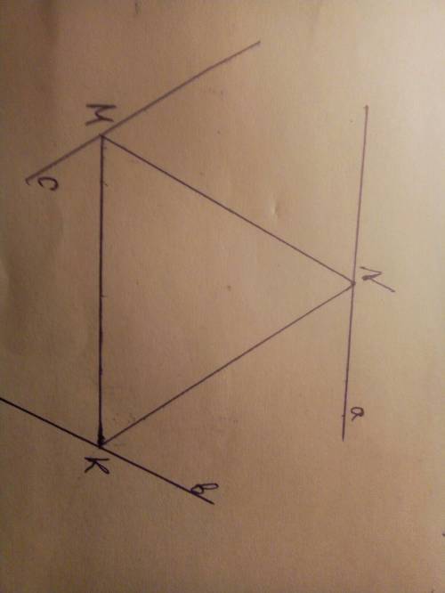Начертите треугольник mhk и проведите через каждую вершину прямую, параллельную противоположной стор