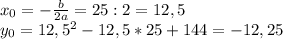 x_0=-\frac{b}{2a} =25:2=12,5\\y_0=12,5^2-12,5*25+144=-12,25