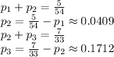 p_1+p_2=\frac{5}{54}\\p_2=\frac{5}{54}-p_1\approx0.0409\\p_2+p_3=\frac{7}{33}\\p_3=\frac{7}{33}-p_2\approx0.1712