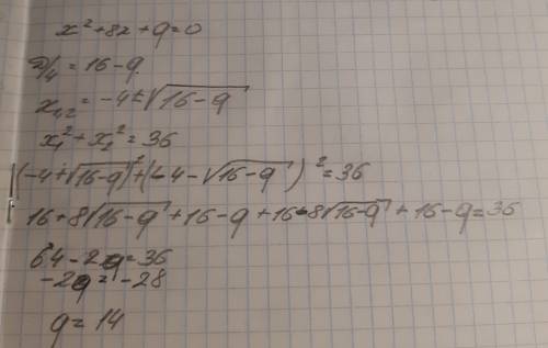Сумма квадратов корней уравнения x^2+8x+q=0 равна 36-и.найдите q.