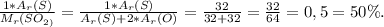 \frac{1*A_{r} (S)}{M_{r} (SO_{2)} } = \frac{1*A_{r} (S)} {A_{r} (S)+2*A_{r}(O) } = \frac{32}{32+32} = \frac{32}{64} = 0,5 = 50\%.