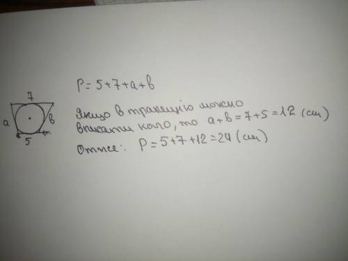 Знайдіть периметр трапеції описаної навколо кола якщо її основи дорівнюють 5 см і 7 см