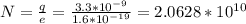 N=\frac{q}{e}=\frac{3.3*10^{-9}}{1.6*10^{-19}} =2.0628*10^{10}