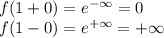 f(1+0)=e^{-\infty}=0\\f(1-0)=e^{+\infty}=+\infty