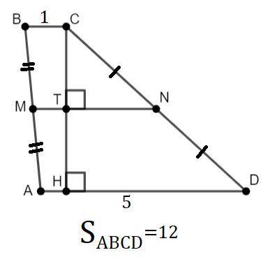 Втра­пе­ции abcd известно, что ad = 5, bc = 1, а её пло­щадь равна 12. най­ди­те пло­щадь тра­пе­ции