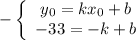 -\left \{ \begin{array}{I} y_0=kx_0+b \\ -33=-k+b \end{array}