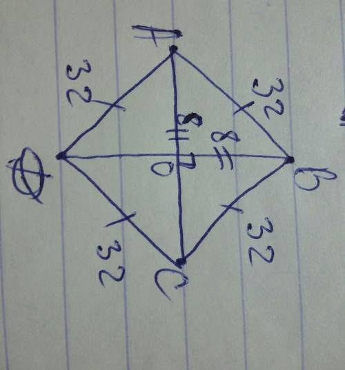 Расстояние от точки пересечения диагоналей ромба до одной из его сторон равно 8,а одна из диагоналей