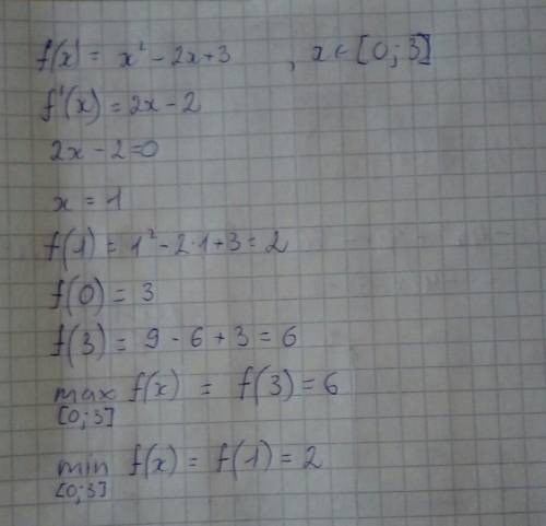 Знайдіть найбільше і найменше значення функції f(x)=x^-2x+3 на проміжку [0; 3] p.s ^-це квадрат х в