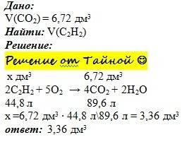 Рассчитайте объём этина присгорании которого выделился углекислый газ объёмом 6.72 дм3 (н.у.) 30 !