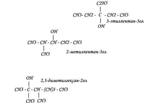 Написать структурные формулы спиртов: 1) 2-метилпентан-3ол 2) 2,3-диметилгексан-2ол 3) 3-этилпентан-