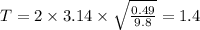 T= 2 \times 3.14 \times \sqrt{ \frac{0.49}{9.8} } = 1.4
