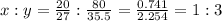 x:y=\frac{20}{27} :\frac{80}{35.5} =\frac{0.741}{2.254} = 1:3