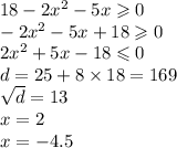 18 - 2x^{2} - 5x \geqslant 0 \\ - 2 {x}^{2} - 5x + 18 \geqslant 0 \\ 2 {x}^{2} + 5x - 18 \leqslant 0 \\ d = 25 + 8 \times 18 = 169 \\ \sqrt{d} = 13 \\ x = 2 \\ x = - 4.5