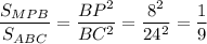 \dfrac{S_{MPB}}{S_{ABC}}=\dfrac{BP^{2}}{BC^{2}}=\dfrac{8^{2}}{24^{2}}=\dfrac{1}{9}