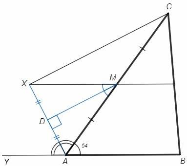 Биссектриса внешнего угла a пересекает прямую, содержащую среднюю линию треугольника abc, параллельн