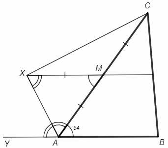 Биссектриса внешнего угла a пересекает прямую, содержащую среднюю линию треугольника abc, параллельн