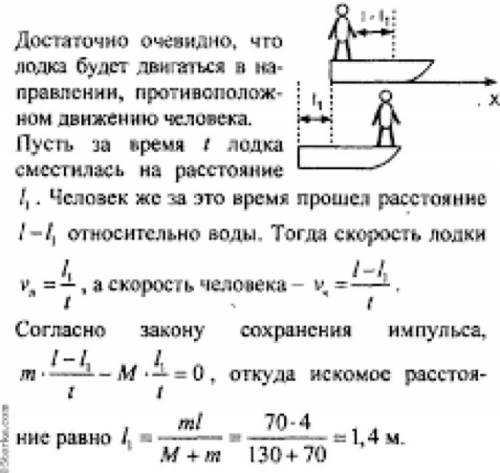 Человек массой 70 килограмм перемещается с носа на карму лодки. на какое расстояние сместиться лодка