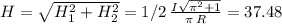 H=\sqrt{H_1^2+H_2^2} =1/2\,{\frac {I\sqrt {{\pi}^{2}+1}}{\pi\,R}}=37.48