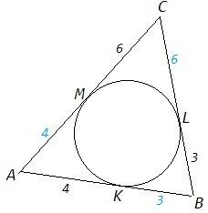 Втреугольник авс вписана окружность, касающаяся сторон ав, вс и ас в точках к, l и м соответственно.