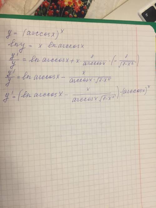 Найти производную функции, используя предварительное логарифмирование, y=(acrccos x)^x