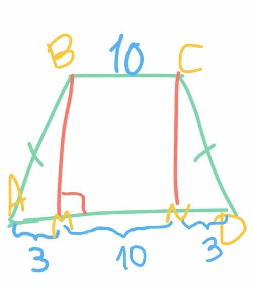 abcd-рівнобічна трапеція. менша основа =10 см. висота з тупого кута опущена на більшу основу та поді