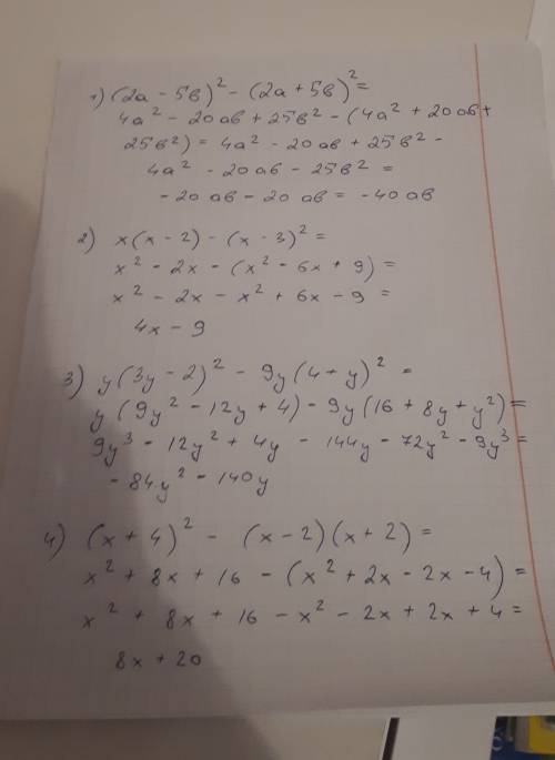 (2a-5b)²-(2a+5b)² x(x--3)² y(3y-2)²-9y(4+y)² (x+4)²-(x-2)(x+2)