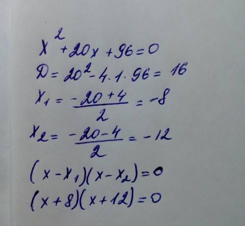 Разложи на множители квадратный трёхчлен x^2+20x+96 (первым вводи наибольший корень квадратного урав