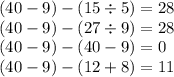 (40 - 9) - (15 \div 5) = 28 \\ (40 - 9) - (27 \div 9) = 28 \\ (40 - 9) - (40 - 9) = 0 \\ (40 - 9) - (12 + 8) = 11