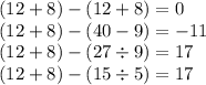 (12 + 8) - (12 + 8) = 0 \\ (12 + 8) - (40 - 9) = - 11 \\ (12 + 8) - (27 \div 9) = 17 \\ (12 + 8) - (15 \div 5) = 17
