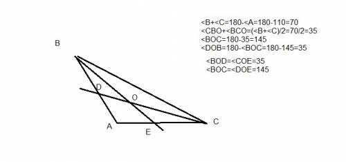 Умоляю, , один из углов треугольника равен 110 градусов. чему равны углы, образованные пересечением