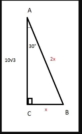 Втреугольнике abc угол c равен 90°, угол a равен 30°, ac=10√3. найдите ab