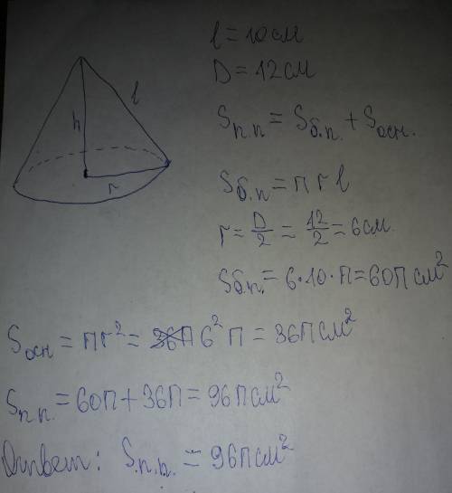 11 класс. найти площадь полной поверхности конуса, если диаметр основания равен 12 см, а образующая