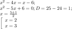 x^2-4x=x-6;\\x^2-5x+6=0; D=25-24=1;\\x=\frac{5б1}{2} \\\left[\begin{array}{ccc}x=2\\x=3\\\end{array}