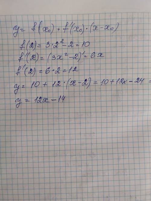 100 напишите уравнение касательной к графику функции y=3x^2-2 в точке с абсциссой x0=2