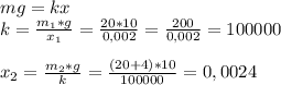 mg=kx\\k=\frac{m_1*g}{x_1} =\frac{20*10}{0,002} =\frac{200}{0,002} =100000\\\\x_2=\frac{m_2*g}{k} =\frac{(20+4)*10}{100000} =0,0024
