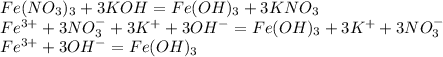 Fe(NO_3)_3 + 3KOH = Fe(OH)_3 + 3KNO_3\\Fe^{3+} + 3NO_3^- + 3K^+ + 3OH ^ - = Fe(OH)_3 + 3K^+ + 3NO_3^-\\Fe^{3+} + 3OH^- = Fe(OH)_3
