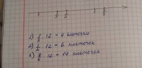 Начертите координатную прямую(еденичный отрезок 12 клеток) отметьте на ней дроби 1/3, 1/2, 7/6